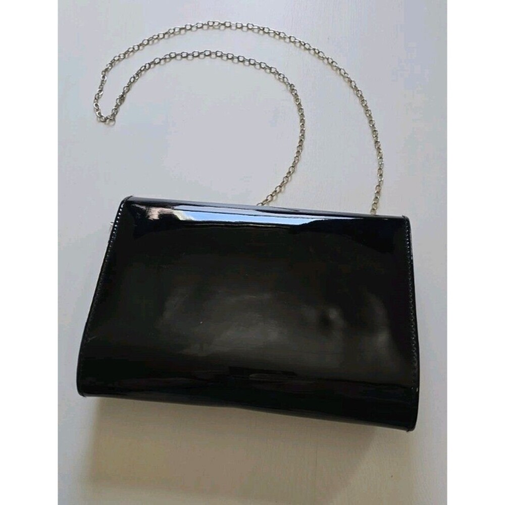 Womens Patented Leather Evening Clutch Shiny Black Purse With Chain Belt